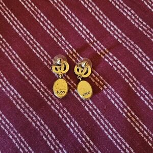 Gucci Gold Logo Drop Earrings with Oval Pendants